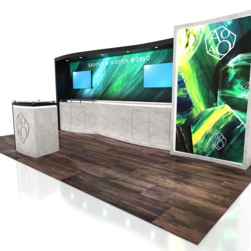 10x20 eco modular backlit shelving tv exhibit kit 03 ecosmart inline trade show house 841