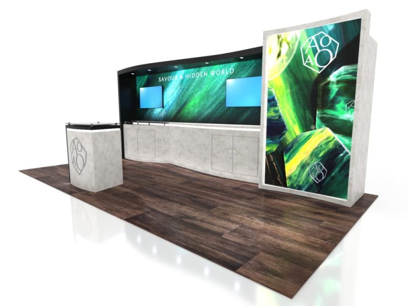 10x20 eco modular backlit shelving tv exhibit kit 03 ecosmart inline trade show house 841